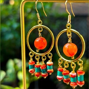 Handmade Vintage Carnelian, AZ Turquoise and Orange Spiny Gold Plated Earrings